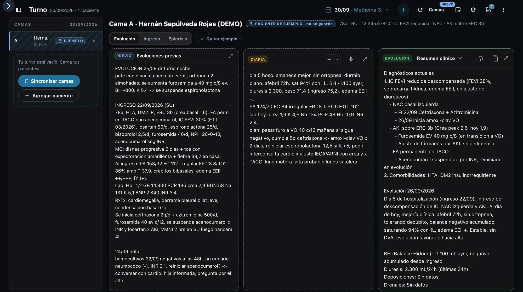Modo Turno en el computador con un paciente de ejemplo
